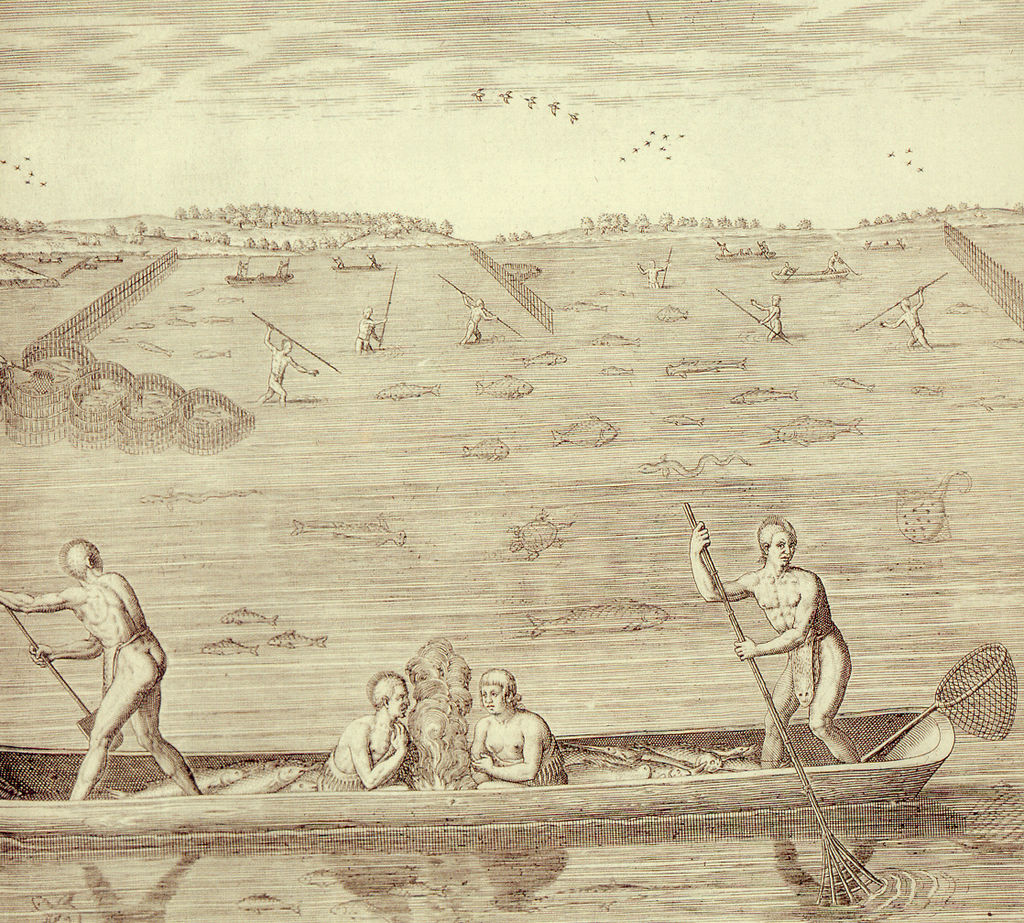 engraving of Native Americans fishing from a dugout canoe with others in the background spear fishing