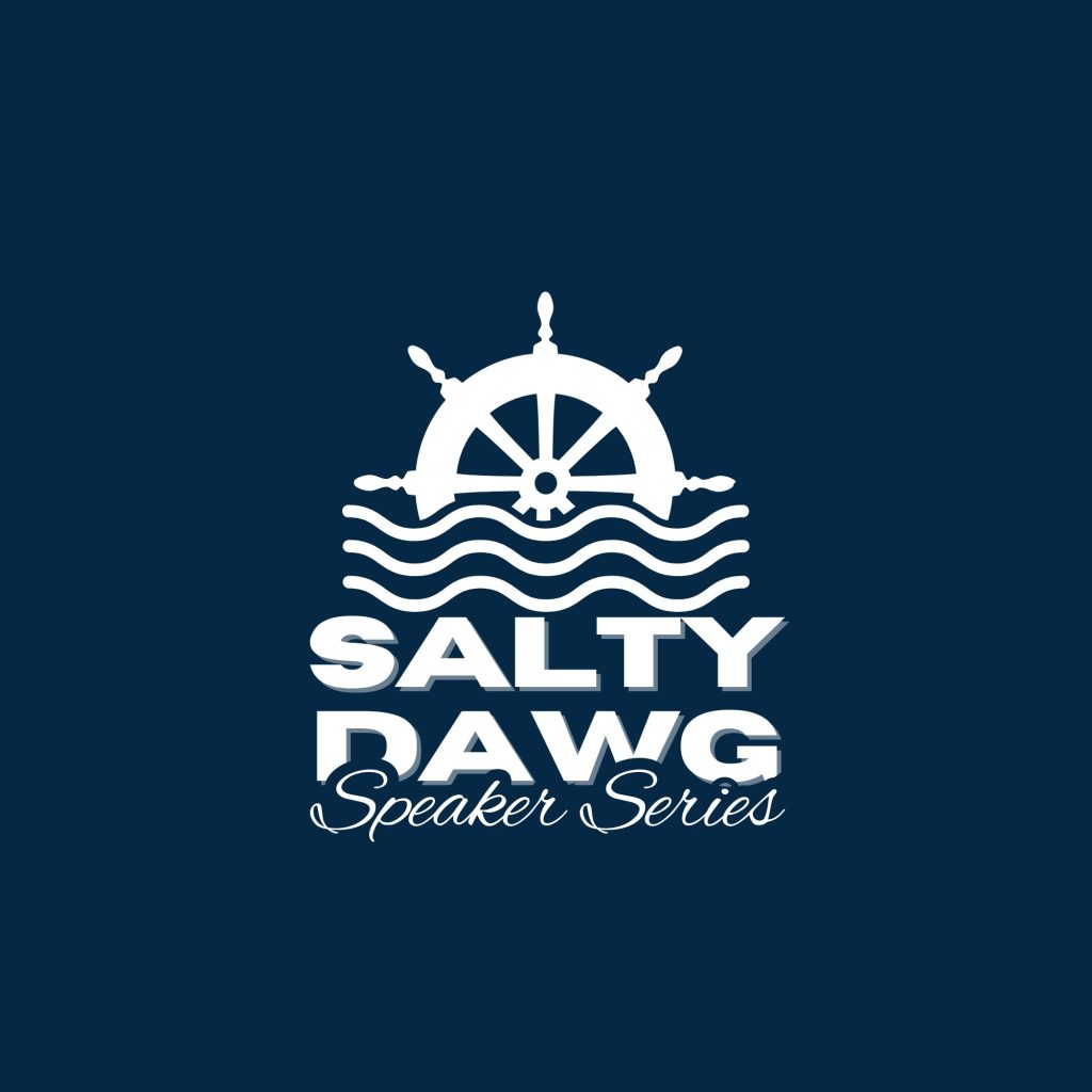 white logo on dark blue background with the top of a ship's wheel above lines representing waves reading salty dawg speaker series