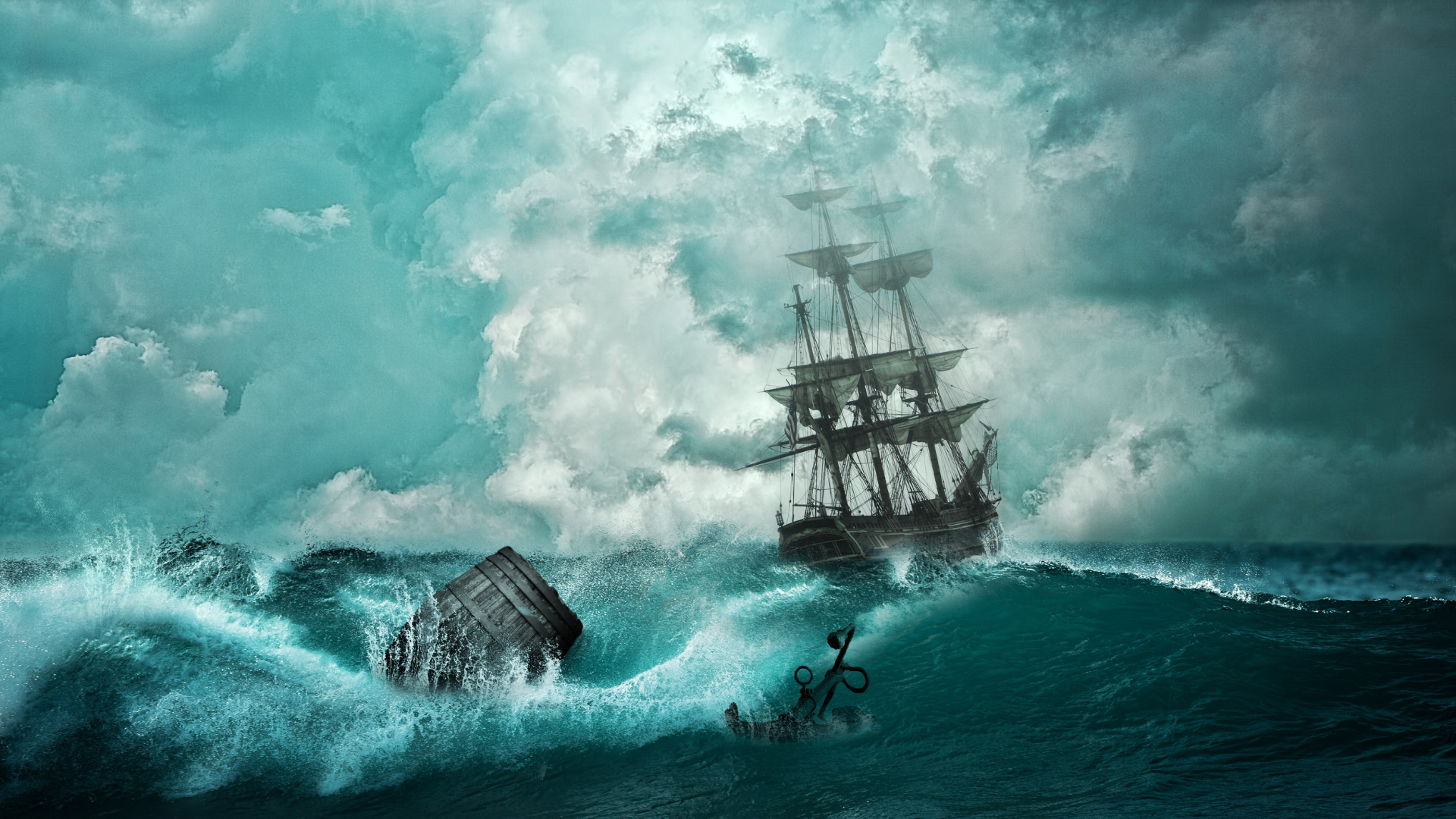 illustration of a ship at sea in rough waters with a barrel floating in the foreground