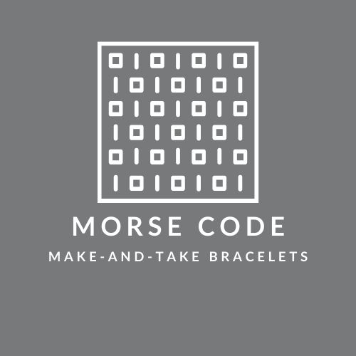square box with symbols in it and the words morse code make and take bracelets below it